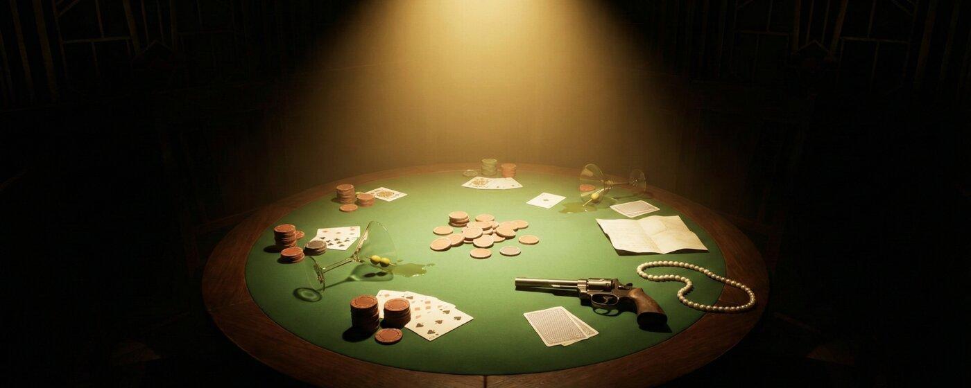 A dimly lit speakeasy poker table with cards, chips, a revolver, and a string of pearls under a single spotlight